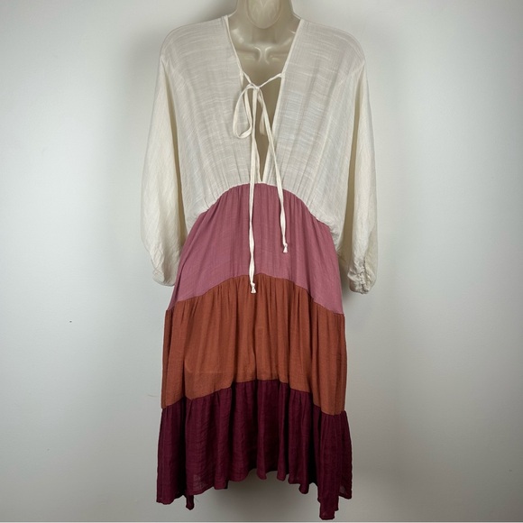 NWT Umgee Color Block Deep V Tied Back Tiered Mini Dress sz L Boho Beachy Gypsy - Picture 5 of 15